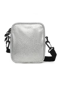 Silver glitter crossbody bag with a square shape, black adjustable strap, and drawstring closure. Smooth, reflective surface.