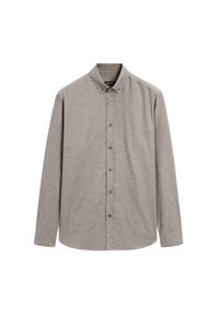Long-sleeve beige button-up shirt with button-down collar, front buttons, and a straight hem, displayed on a white background.