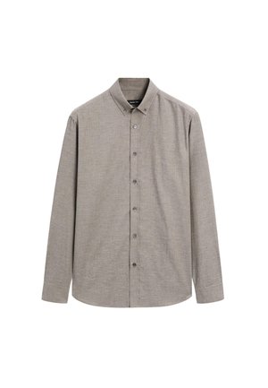 Long-sleeve beige button-up shirt with button-down collar, front buttons, and a straight hem, displayed on a white background.