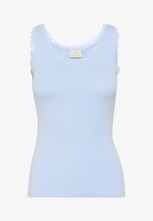 Šviesiai mėlynas raštuotas rankovių viršus su iškarpytomis nėriniuotomis apykaklėmis ir petnešėlėmis. Pagamintas iš švelnios, elastingos medžiagos. Prigludusi siluetas.