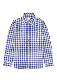 Camisa de cuadros de manga corta en azul y blanco. Tejido de algodón, collar clásico, dos bolsillos frontales, diseño abotonado. Dobladillo recto.