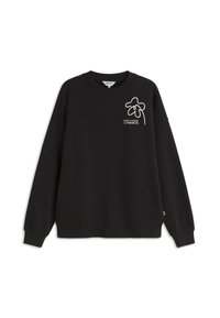 Zwarte sweatshirt van zacht materiaal met lange mouwen, een ronde hals en een witte geborduurde opdruk met het logo "MAAK EEN TUIN" op de voorkant.