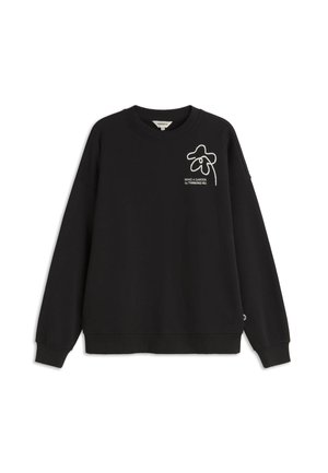 Sweatshirt noir en tissu doux avec des manches longues, un col rond et un design brodé blanc représentant le logo "MAKE A GARDEN" sur le devant.