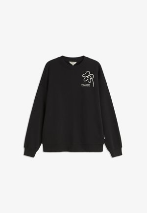 Black sweatshirt made of soft fabric with long sleeves, a crew neck, and white embroidered design featuring "MAKE A GARDEN" logo on the front.