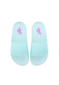 Light blue slide sandals with a matte finish, featuring a pink embossed logo and a smooth, flat footbed.