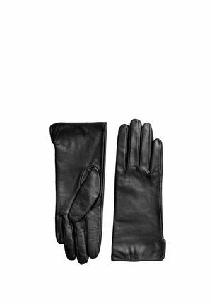 Black leather gloves with a smooth texture, featuring a fitted design and four fingers, one with additional padding on the palm.