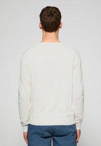 Suéter de color crema claro con mangas largas, puños y dobladillo acanalados, que presenta un diseño de espalda simple y sin costuras. Combinado con pantalones azules.