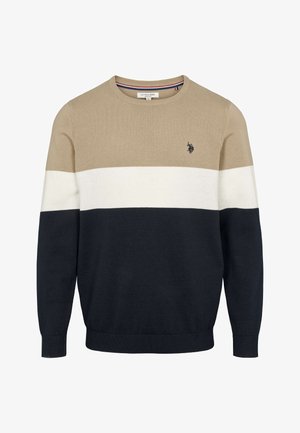 Neulottu paita, jossa on pyöreä kaulus, vaakasuorat raidat beigen, kerman ja tummansinisen sävyissä, pieni logo rinnassa ja resorit hihansuissa.