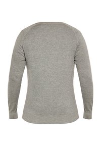 Maglione grigio a maniche lunghe con colletto a girocollo, realizzato in tessuto morbido, con polsini e orlo a costine, texture liscia e design aderente.