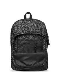 Zaino nero con un motivo bianco puntinato, dotato di un ampio scomparto principale e di una tasca frontale con zip e organizer in rete.