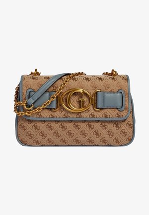 Rectangular brown patterned handbag with light blue edges, gold chain strap, and large gold G-shaped clasp on the front flap.