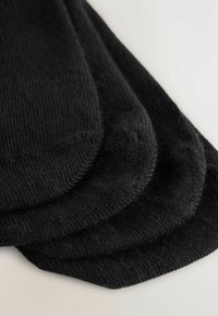 Mustat puuvillaiset nilkkasukat pinottuna, joissa on ribbitekstuuri ja saumatonta varvasaluetta. Kankaan pinta vaikuttaa pehmeältä ja sileältä.