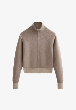 Pull cropped marron clair avec un col montant, une fermeture éclair à l'avant et des poignets et un ourlet à côtes. Texture douce avec des accents de bordure plus claire en contraste.