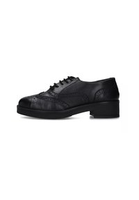 Scarpa nera in pelle con lacci, punta arrotondata, dettagli testurizzati, decorazioni perforate e tacco basso a blocco per maggiore stabilità.