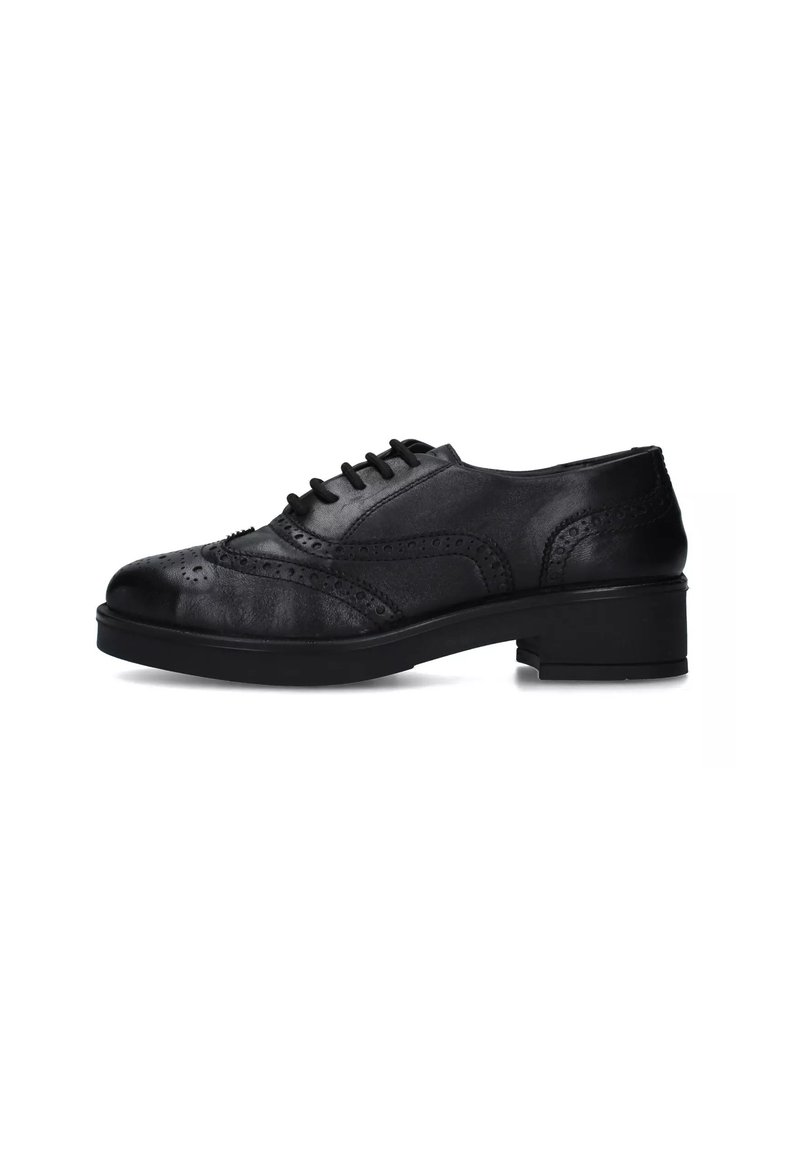 Scarpa nera in pelle con lacci, punta arrotondata, dettagli testurizzati, decorazioni perforate e tacco basso a blocco per maggiore stabilità.