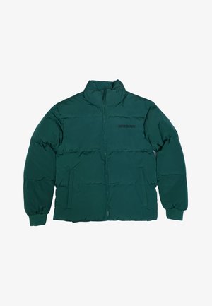 Dark green puffer jacket with full front zipper, high collar, two side pockets, ribbed cuffs, and "9N1M SENSE." text on chest.