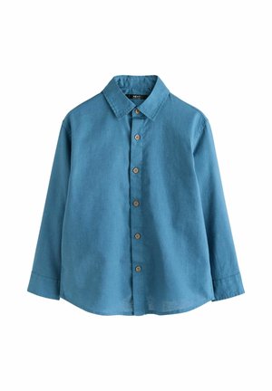 Blue long-sleeve button-up shirt with collar, featuring six wooden buttons down the front, displayed on a white background.