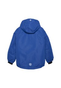Blaue Pufferjacke mit Kapuze, elastischen Bündchen und einem Logo-Detail im unteren Rückenbereich. Glatte Textur mit einem eleganten Design.
