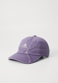 Purple baseball cap made of cotton, featuring white Adidas logo and stitching accents. Curved visor and adjustable strap at the back.