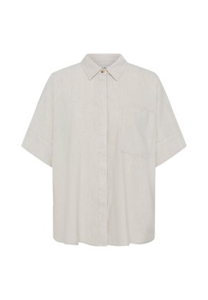 Chemise beige clair à manches courtes avec col et une poche poitrine, vue de face sur fond blanc.