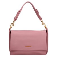 Borsa a tracolla in pelle rosa con design pieghevole, dettagli in metallo dorato e tracolla regolabile. Branding minimalista sul davanti.