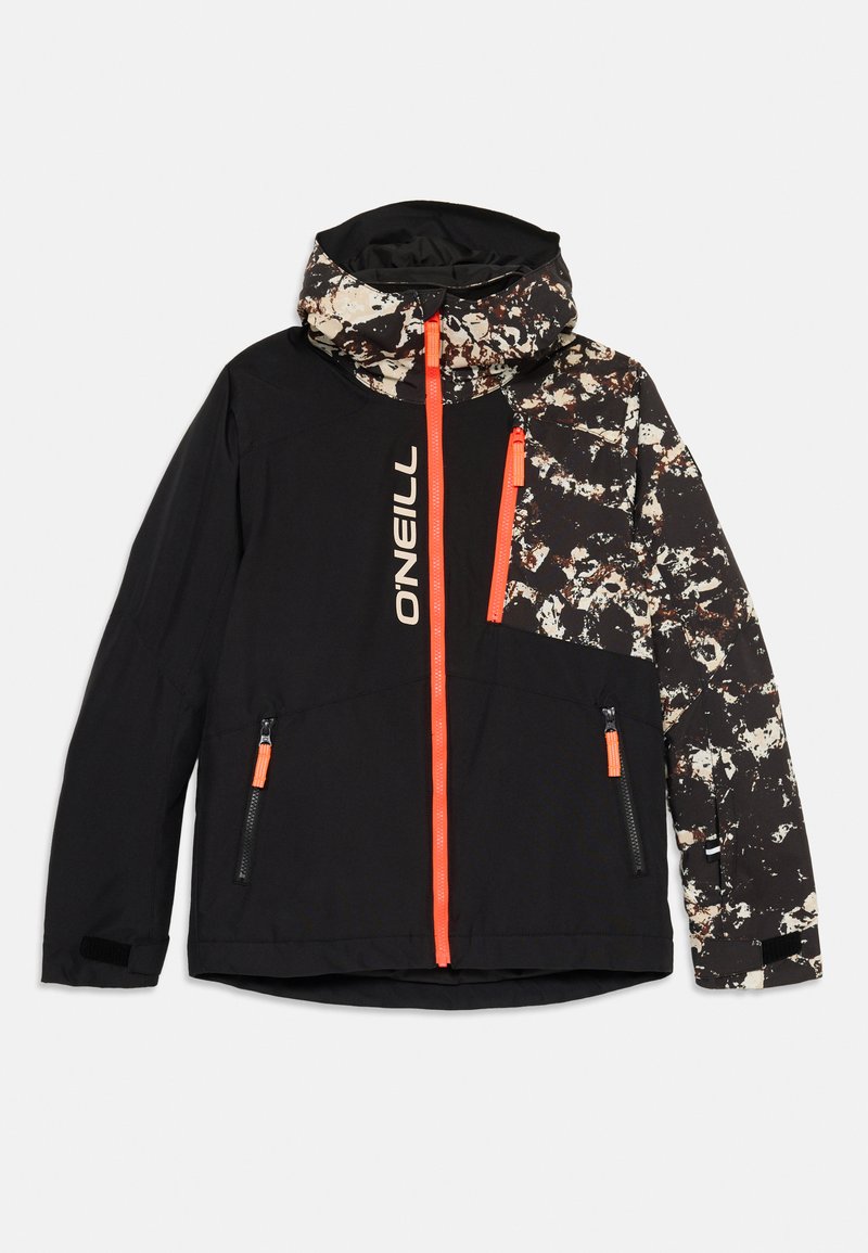 Zwarte en gestreepte hoodie met oranje ritssluitingen, zakken, klittenbandsokken en een verticale "O'NEILL" logo op de linkerkant voor.