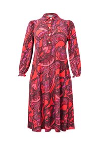 Langärmliges Kleid in Rot und Lila mit Paisleymuster, mit geknöpftem Kragen und gerafften Manschetten, knielang, ausgestellter Rock.