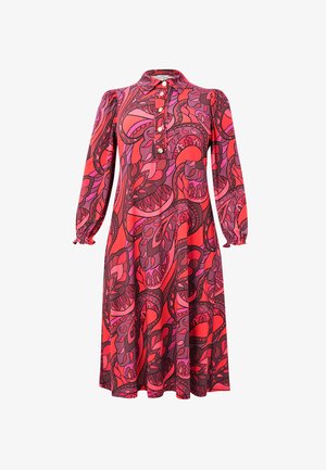 Langmouwige rode en paarse paisley jurk met een gebuttonde kraag en geplooide manchet, kniehoog, met een flared rok.