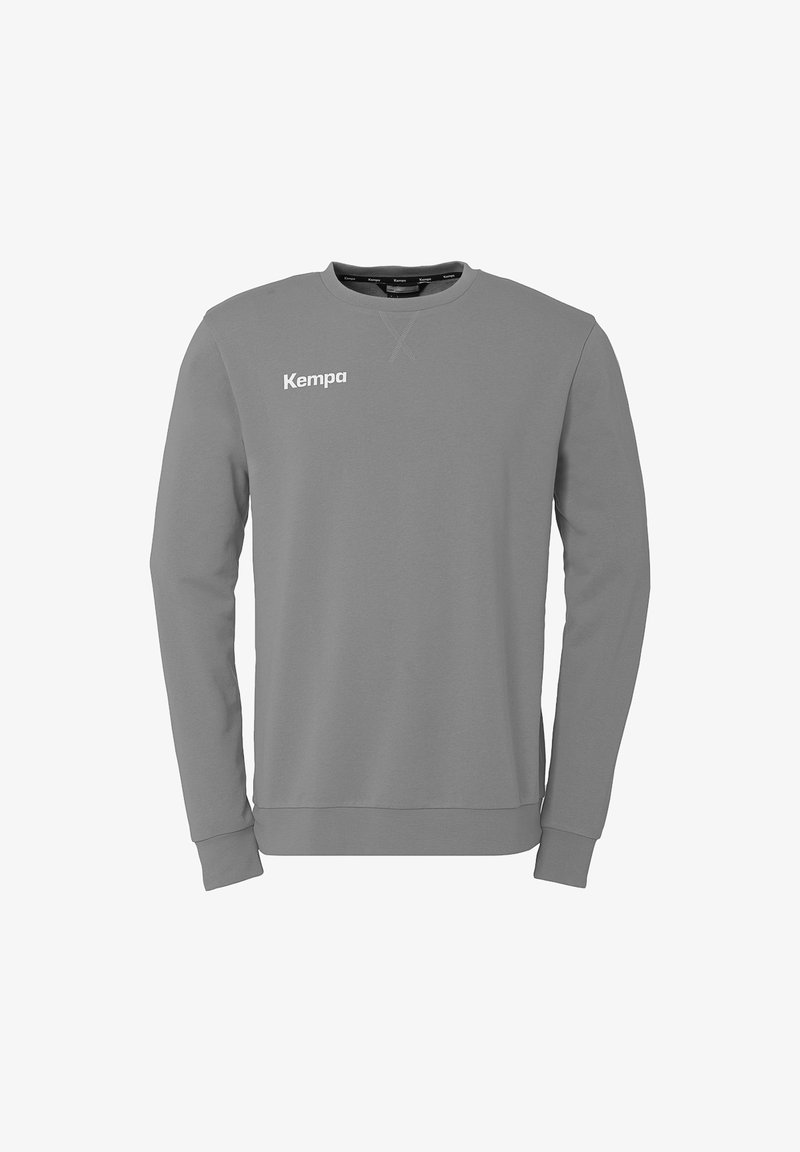 Grauer Sweatshirt aus Baumwollmischung. Mit langen Ärmeln, Rundhalsausschnitt und einem weißen "Kempa"-Logo auf der Brust. Glatte Textur, minimalistisches Design.