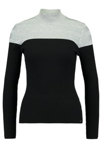Schwarzer, gerippter Pullover mit langen Ärmeln und hohem Kragen. Das Oberteil zeichnet sich durch ein hellgraues, horizontal gestreiftes Design und kontrastierende Texturen aus.