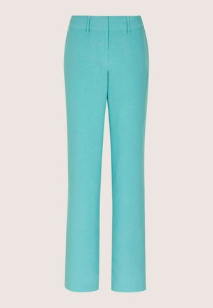 Eine gerade geschnittene Hose in einem hellen Türkiston, gefertigt aus einem glatten Stoff, mit flacher Front und ohne sichtbare Taschen oder Verzierungen.