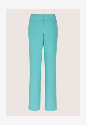 Eine gerade geschnittene Hose in einem hellen Türkiston, gefertigt aus einem glatten Stoff, mit flacher Front und ohne sichtbare Taschen oder Verzierungen.