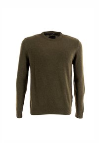Olijfgroen wollen sweater met een ronde hals, lange mouwen en geribde zoom. Voorzien van een merkembleem aan de zijkant. Zachte textuur, eenvoudig ontwerp.