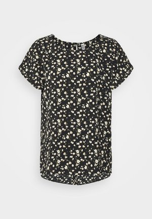 Top preto de manga curta com um padrão floral de flores brancas e bege num fundo escuro. Decote redondo, corte relaxado e bainha curved.