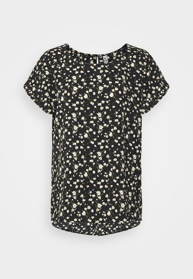Top preto de manga curta com um padrão floral de flores brancas e bege num fundo escuro. Decote redondo, corte relaxado e bainha curved.