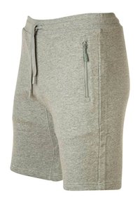 Pantalones cortos deportivos grises de tela suave, con dos bolsillos laterales con cremallera, cintura con cordón y una textura suave.