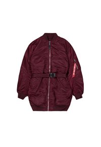 Burgundy bomber jacket with a front zipper, elastic cuffs, adjustable belt, and side pockets. Smooth, shiny fabric with a utility pocket.