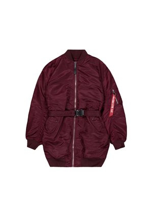 Bordeaux bomberjack met een ritssluiting aan de voorkant, elastische manchetten, verstelbare riem en zijzakken. Glad, glanzend materiaal met een utility pocket.