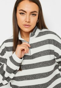 Pullover med halvdragkedja i vitt och grå randigt mönster. Ribbad tygtextur, avslappnad passform, hög krage och långa ärmar.