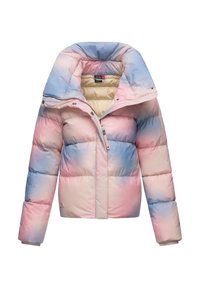 Giacca a vento con un design sfumato in rosa e blu pastello, con colletto alto, chiusura con zip e polsini a coste. Texture morbida e trapuntata.