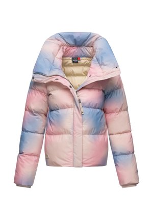 Pufferjack met een gradient ontwerp in pastelroze en -blauw, met een hoge kraag, ritssluiting en geribde manchetten. Zachte, gewatteerde textuur.