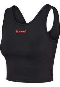 Zwart mouwloos sportief crop top met roze "hummel performance" logo in het midden van de borst.