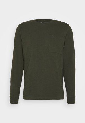 Long-sleeve shirt in dark green fabric, featuring a round neck, single chest pocket, and stitched hems. Smooth texture with a casual design.