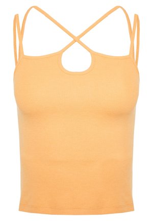Pomarańczowy, prążkowany top bez rękawów z podwójnymi cienkimi ramiączkami i małym wycięciem w kształcie kropli pod skrzyżowanymi ramiączkami przy dekolcie.