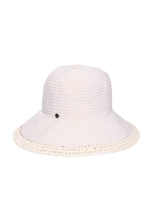 White bucket hat with textured horizontal ridges and a crocheted brim edge, featuring a small dark circular logo on the side.