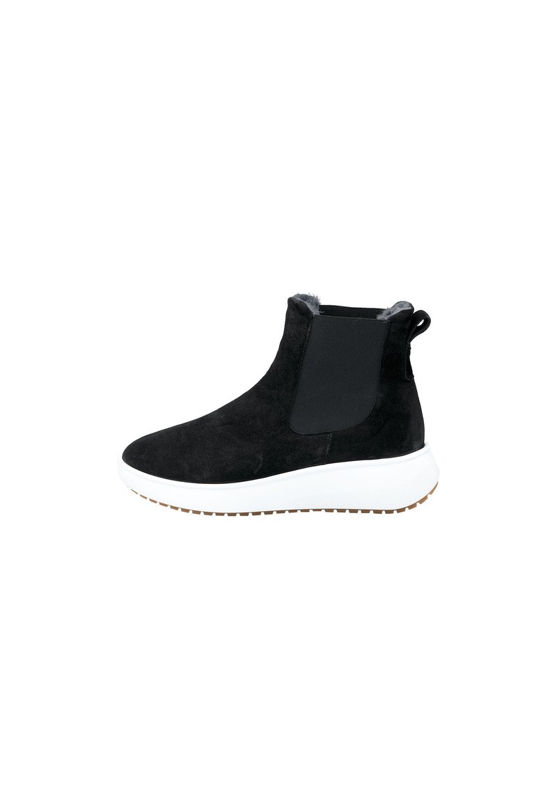 Black suede ankle boots with elastic side panels and a rounded toe. Features a white rubber sole with a textured tread for grip.