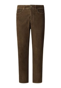 Pantalones de pana marrón con corte recto, sutil texturizado vertical, dos bolsillos frontales y un bolsillo trasero con un botón de metal.