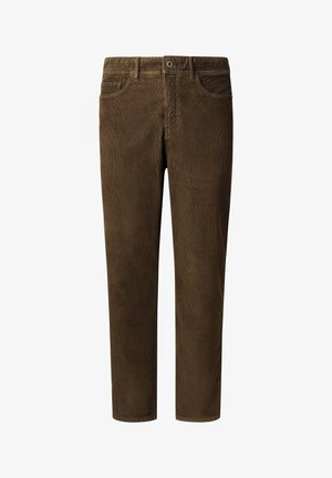 Braune Cord-Hosen mit geradem Schnitt, dezenten vertikalen Rippungen, zwei Vorderstaschen und einer hinteren Tasche mit einem Metallknopf.
