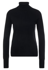 Pull à col roulé noir en tissu tricoté doux. Il présente des manches longues et une coupe ajustée avec des poignets et un col côtelés.