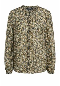 Blomstret bluse i gennemsigtig sort stof med små gule og blå blomster, rund halsudskæring, lange ærmer og en knaplukning foran.